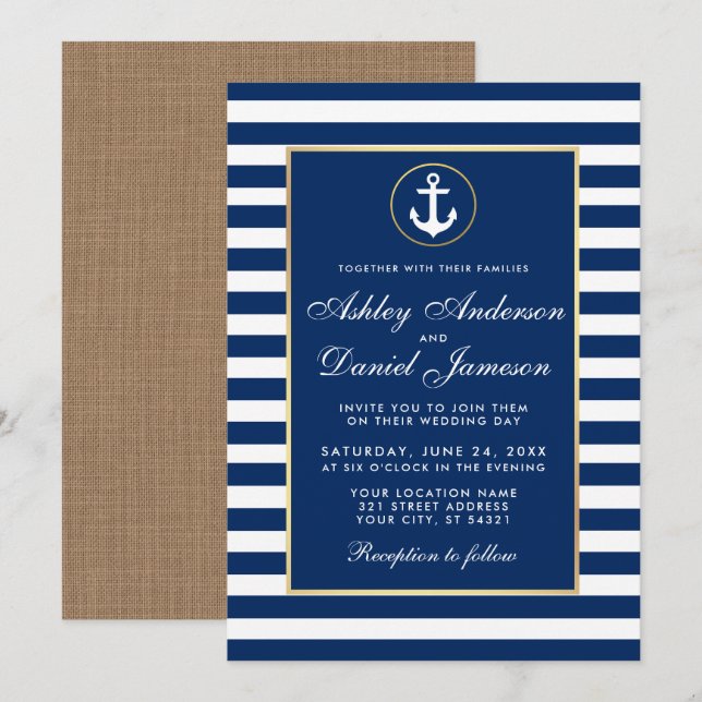 Nautical Wedding Blue Stripes Burlap Invite (Front/Back)