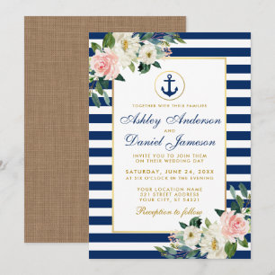 Nautical Wedding Blue Stripes Floral Burlap Invitation