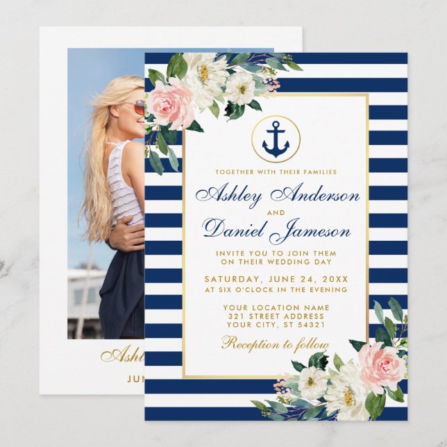 Nautical Wedding Blue Stripes Floral Photo Invitation (Front/Back)