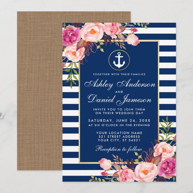 Nautical Wedding Blue Stripes Floral Pink Invite B (Front/Back)