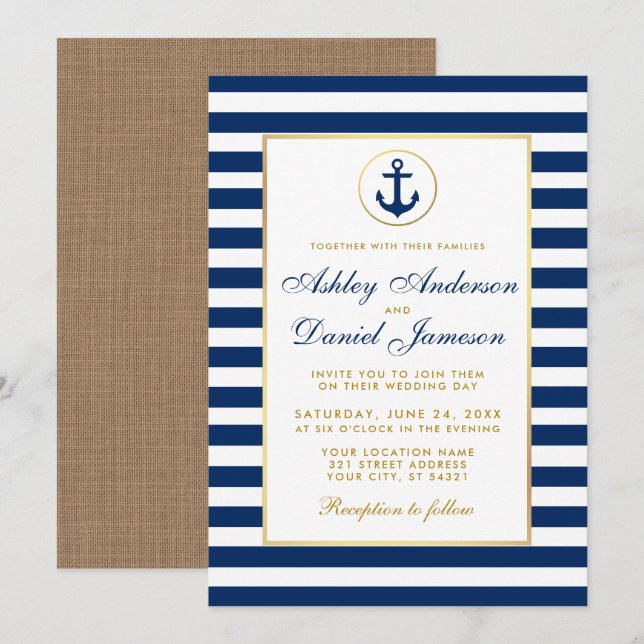 Nautical Wedding Blue Stripes Gold Burlap Invite (Front/Back)