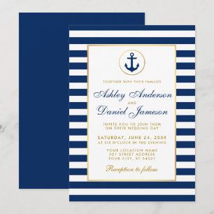 Nautical Wedding Blue Stripes Gold Invitation B