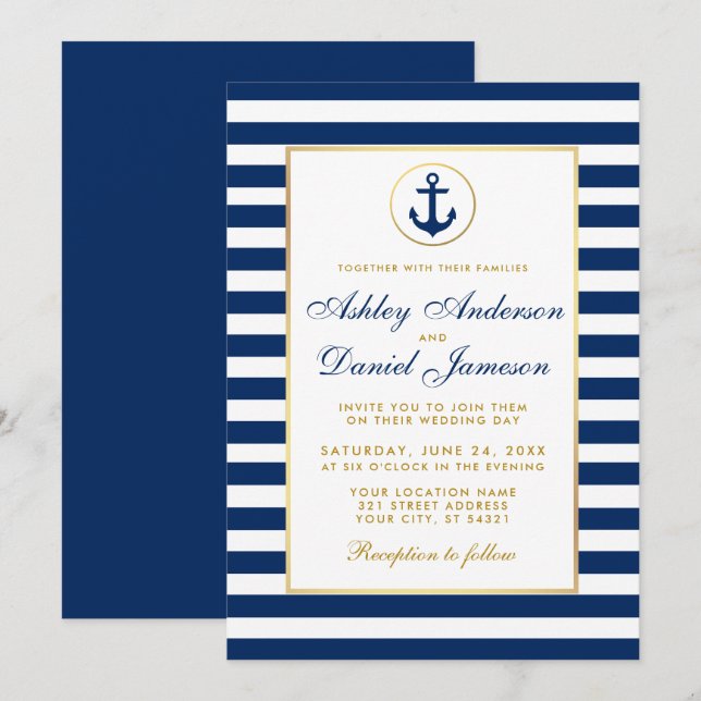 Nautical Wedding Blue Stripes Gold Invitation B (Front/Back)
