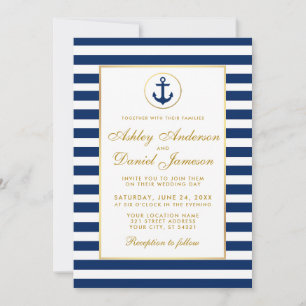 Nautical Wedding Blue Stripes Gold Invitation G