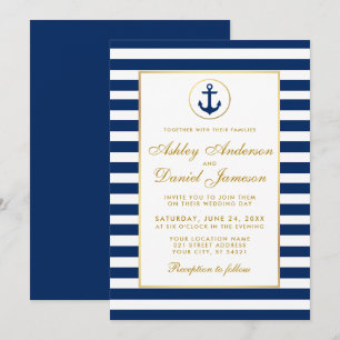 Nautical Wedding Blue Stripes Gold Invitation GB