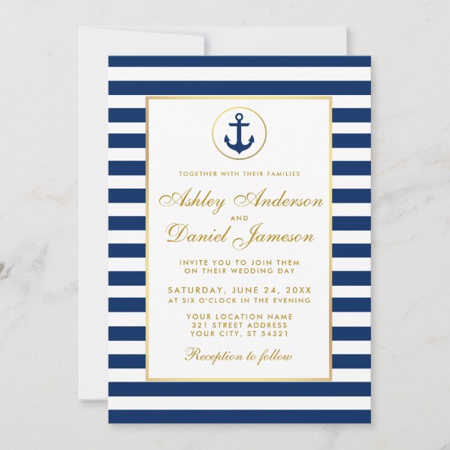 Nautical Wedding Blue Stripes Gold Invitation GW (Front)