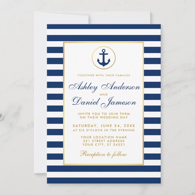 Nautical Wedding Blue Stripes Gold Invitation W (Front)