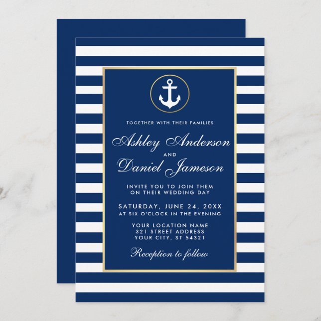 Nautical Wedding Blue Stripes Invite B (Front/Back)