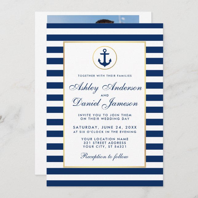 Nautical Wedding Blue Stripes Invite B Photo Back (Front/Back)