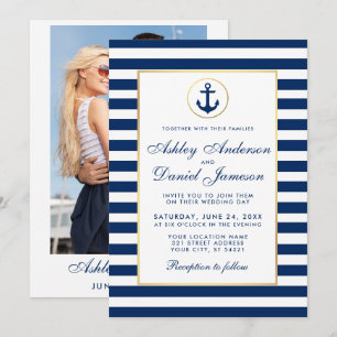 Nautical Wedding Blue Stripes Invite B Photo Back