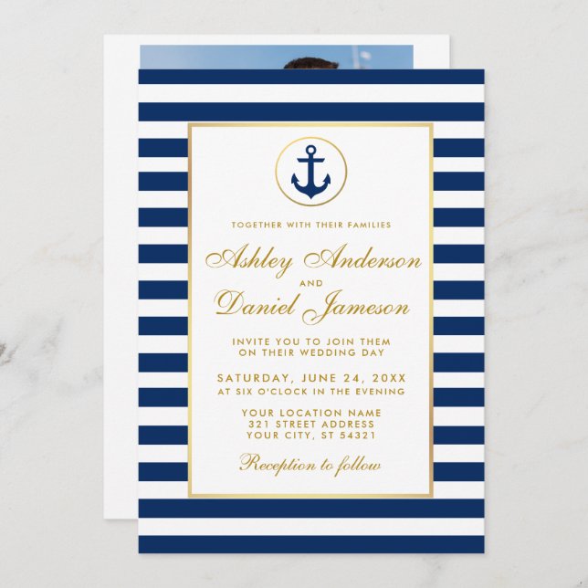 Nautical Wedding Blue Stripes Invite G Photo Back (Front/Back)