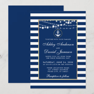 Nautical Wedding Blue Stripes Lights Invite B