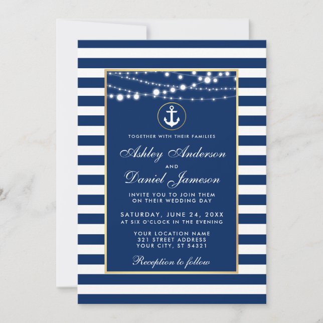 Nautical Wedding Blue Stripes Lights Invite W (Front)