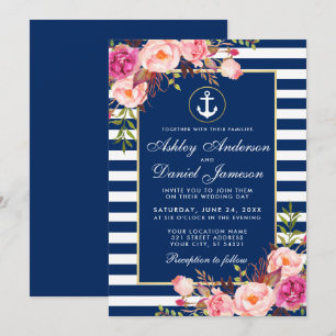 Nautical Wedding Blue Stripes Pink Floral Invite B