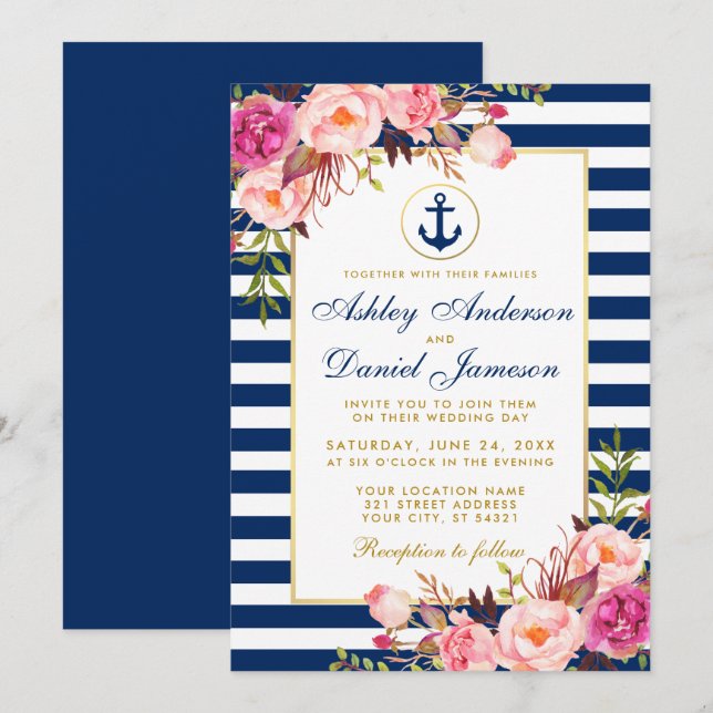 Nautical Wedding Blue Stripes Pink Floral Invite B (Front/Back)