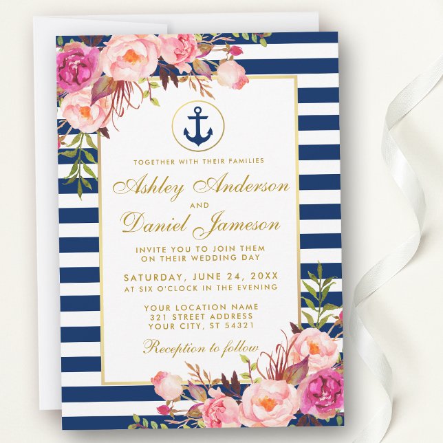 Nautical Wedding Blue Stripes Pink Floral Invite G (Customize to change text size, color or text style.)