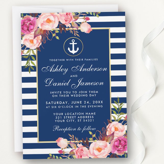 Nautical Wedding Blue Stripes Pink Floral Invite W (Customize to change text size or text style.)
