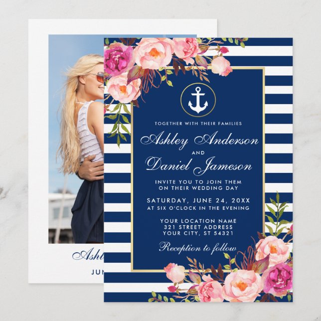 Nautical Wedding Blue Stripes Pink Floral Photo Invitation (Front/Back)