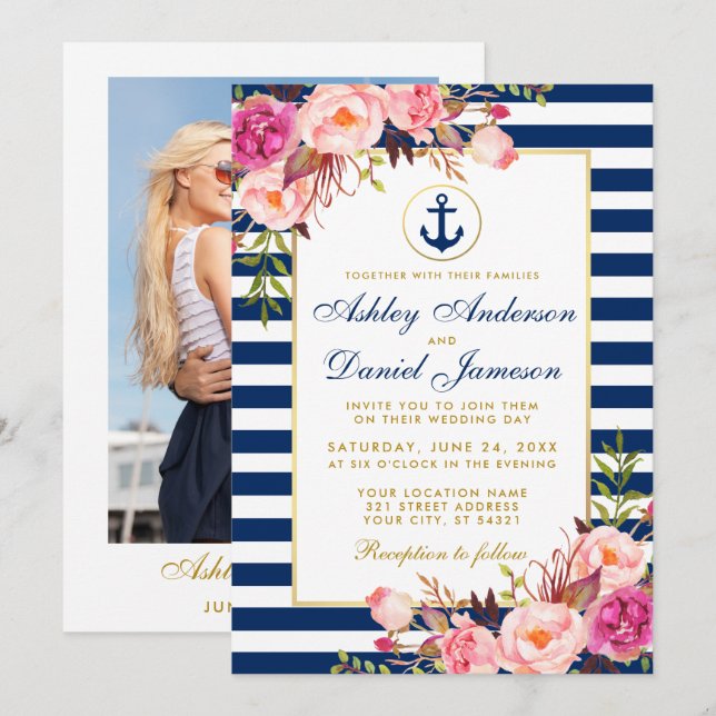 Nautical Wedding Blue Stripes Pink Floral Photo Invitation (Front/Back)