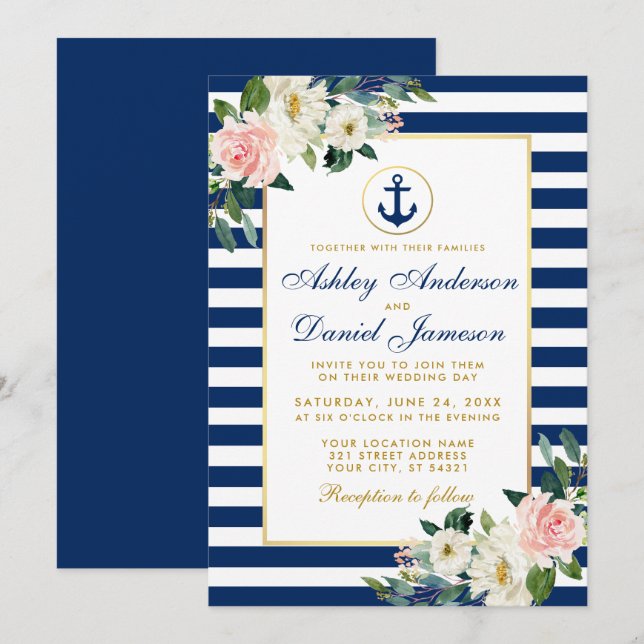 Nautical Wedding Blue Stripes White Pink Floral Invitation (Front/Back)