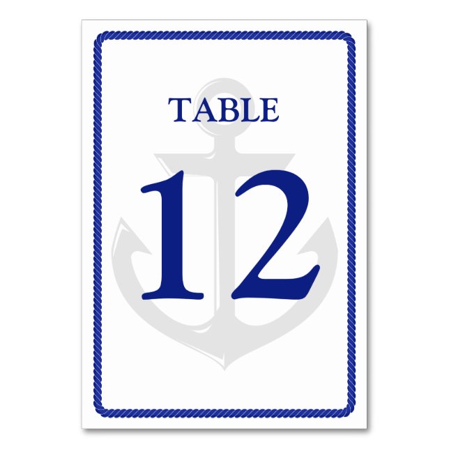 Nautical Wedding Blue White Anchor Illustration Table Number (Front)