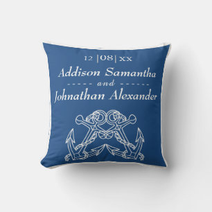 Nautical Wedding Blue White Anchor Names Date Cushion