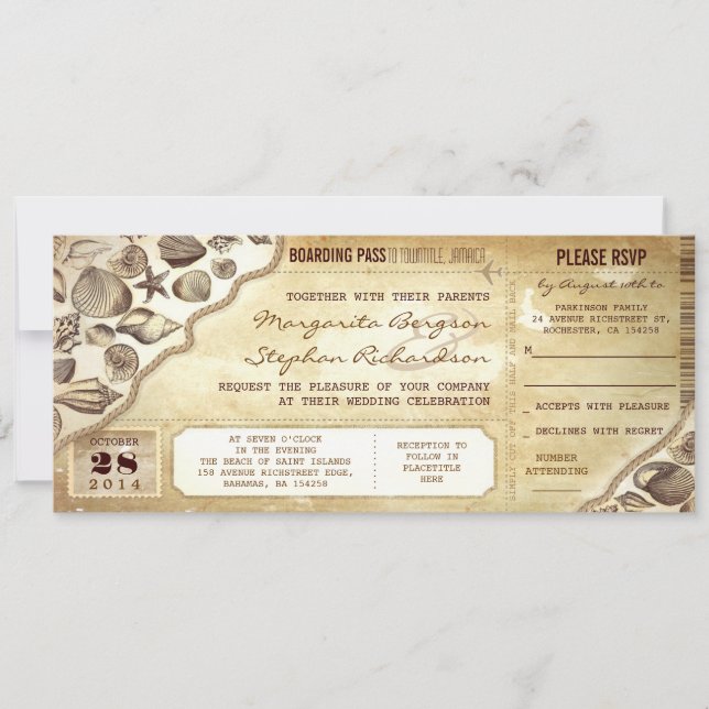 nautical wedding boarding pass tickets invitations (Front)