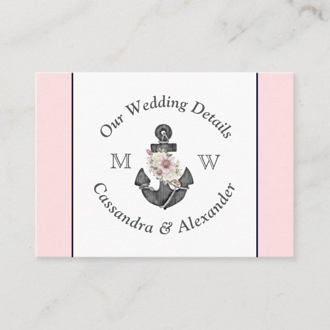 Nautical Wedding detail Floral Anchor Pink Navy Enclosure Card (Front)