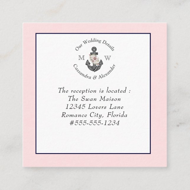 Nautical Wedding detail Floral Anchor Pink Navy  Enclosure Card (Back)