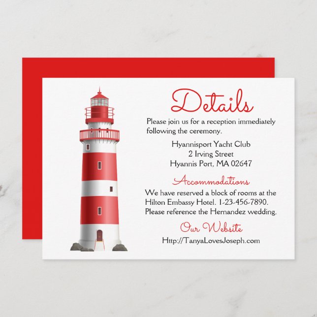 Nautical Wedding Details Lighthouse Red Summer Invitation (Front/Back)