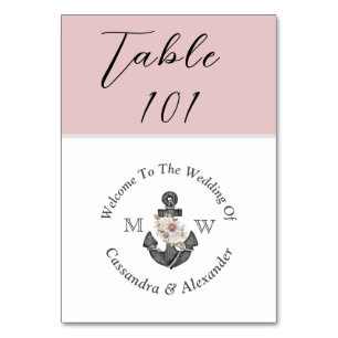 Nautical Wedding Dusty Rose Blus Pink Table Number