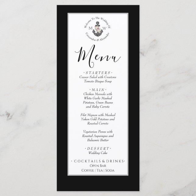 Nautical Wedding Floral Anchor Black and White Menu (Front)
