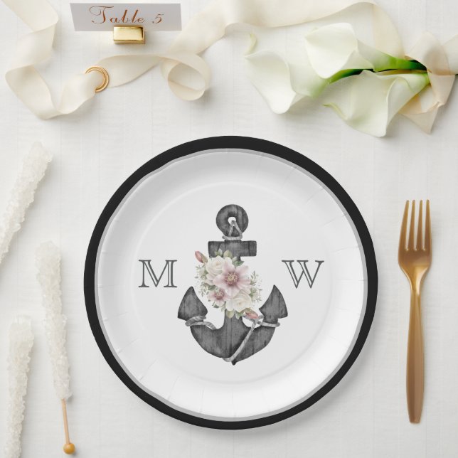 Nautical Wedding Floral Anchor Black and White Paper Plate (Wedding)
