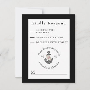 Nautical Wedding Floral Anchor Black and White RSVP Card