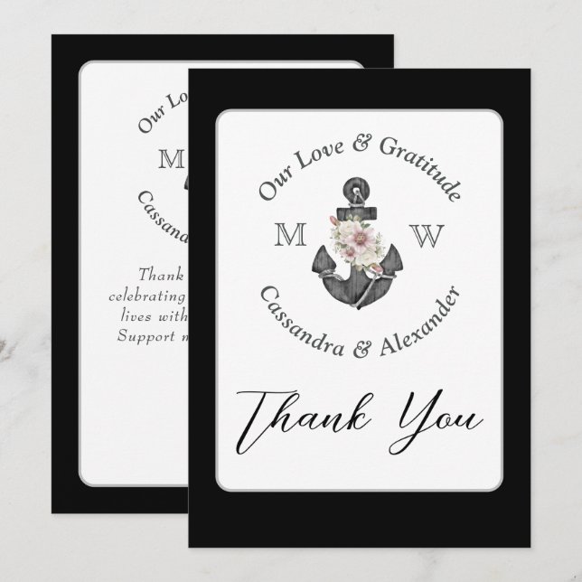 Nautical Wedding Floral Anchor Black and White Thank You Card (Front/Back)