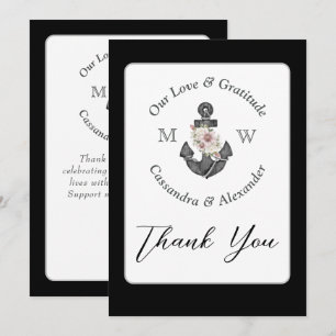 Nautical Wedding Floral Anchor Black and White Thank You Card