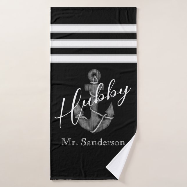 Nautical Wedding Floral Anchor Black White Beach Bath Towel (Bath Towel)