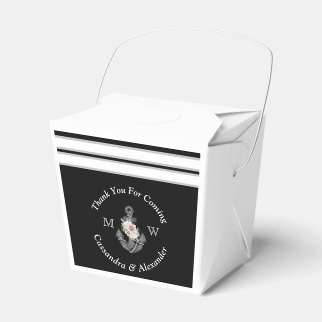 Nautical Wedding Floral Anchor Black White  Favour Box (Front Side)