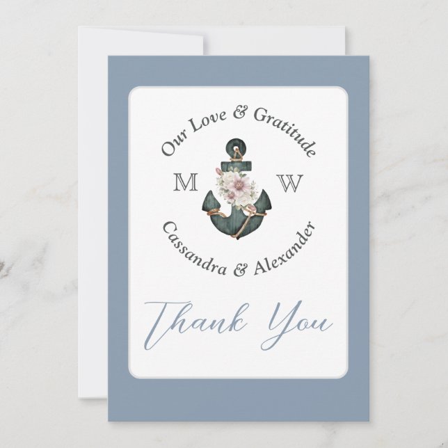 Nautical Wedding Floral Anchor Dusty Blue Thank You Card (Front)