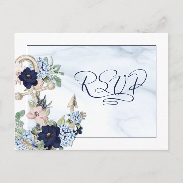 Nautical Wedding Floral Anchor Elegant RSVP Invita Invitation Postcard (Front)