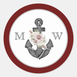 Nautical Wedding Floral Anchor Maroon Red White Classic Round Sticker