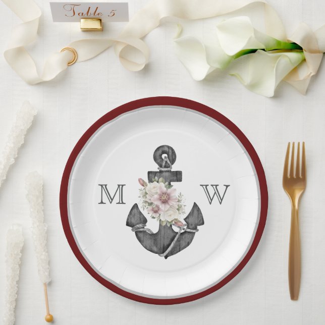 Nautical Wedding Floral Anchor Maroon Red  White Paper Plate (Wedding)