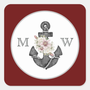 Nautical Wedding Floral Anchor Maroon Red  White Square Sticker