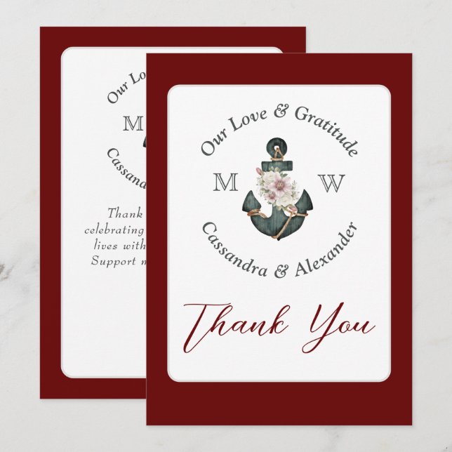 Nautical Wedding Floral Anchor Maroon Rust Red Thank You Card (Front/Back)