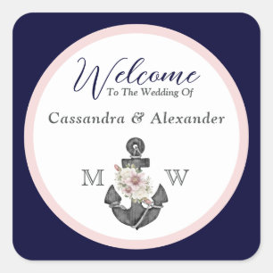 Nautical Wedding Floral Anchor Navy Blue  and Pink Square Sticker