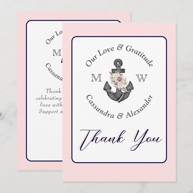 Nautical Wedding Floral Anchor Navy Blue  and Pink Thank You Card (Front/Back)