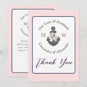 Nautical Wedding Floral Anchor Navy Blue  and Pink Thank You Card