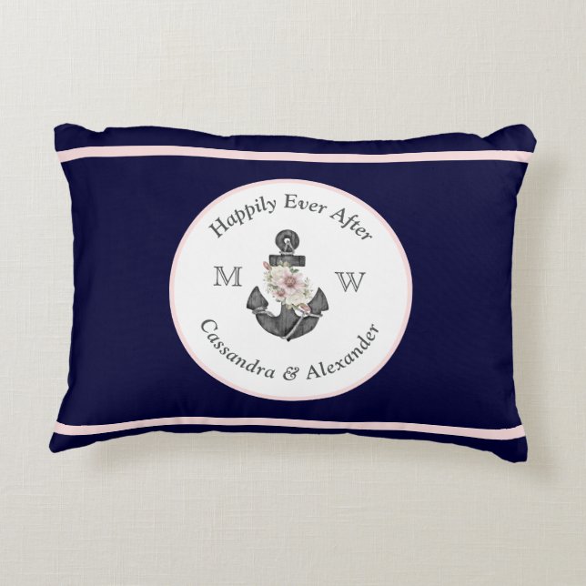 Nautical Wedding Floral Anchor Navy Blue Pink Decorative Cushion (Back)