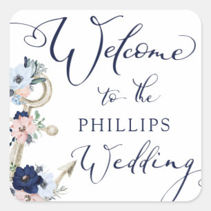 Nautical Wedding Floral Anchor Navy Blue WELCOME Square Sticker