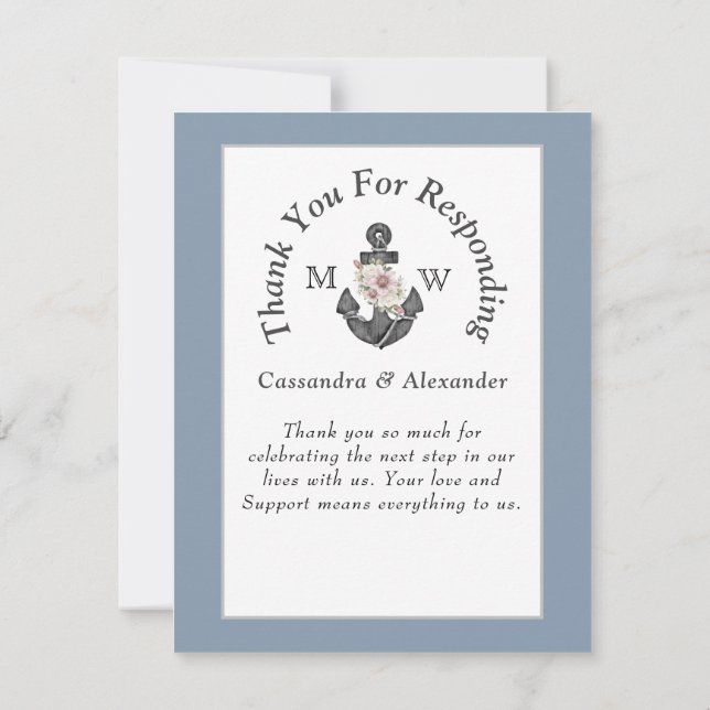 Nautical Wedding Floral Anchor Navy Blue White RSVP Card (Back)